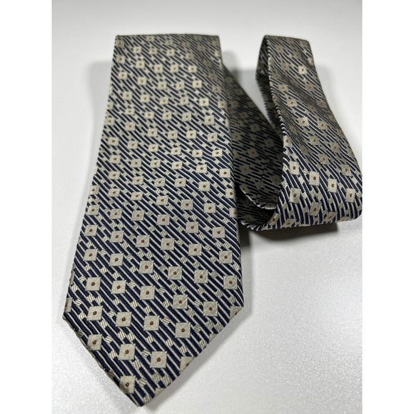 Olmo Mens Silk Tie Navy Blue Silver Geometric Squares Dots Hand Made Italy - Picture 5 of 6